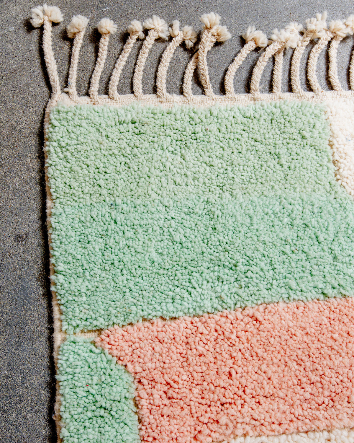 Modern, designer, handcrafted Berber rug from Morocco. Beniourain carpet with beautiful colours and patterns and fluffy wool texture.